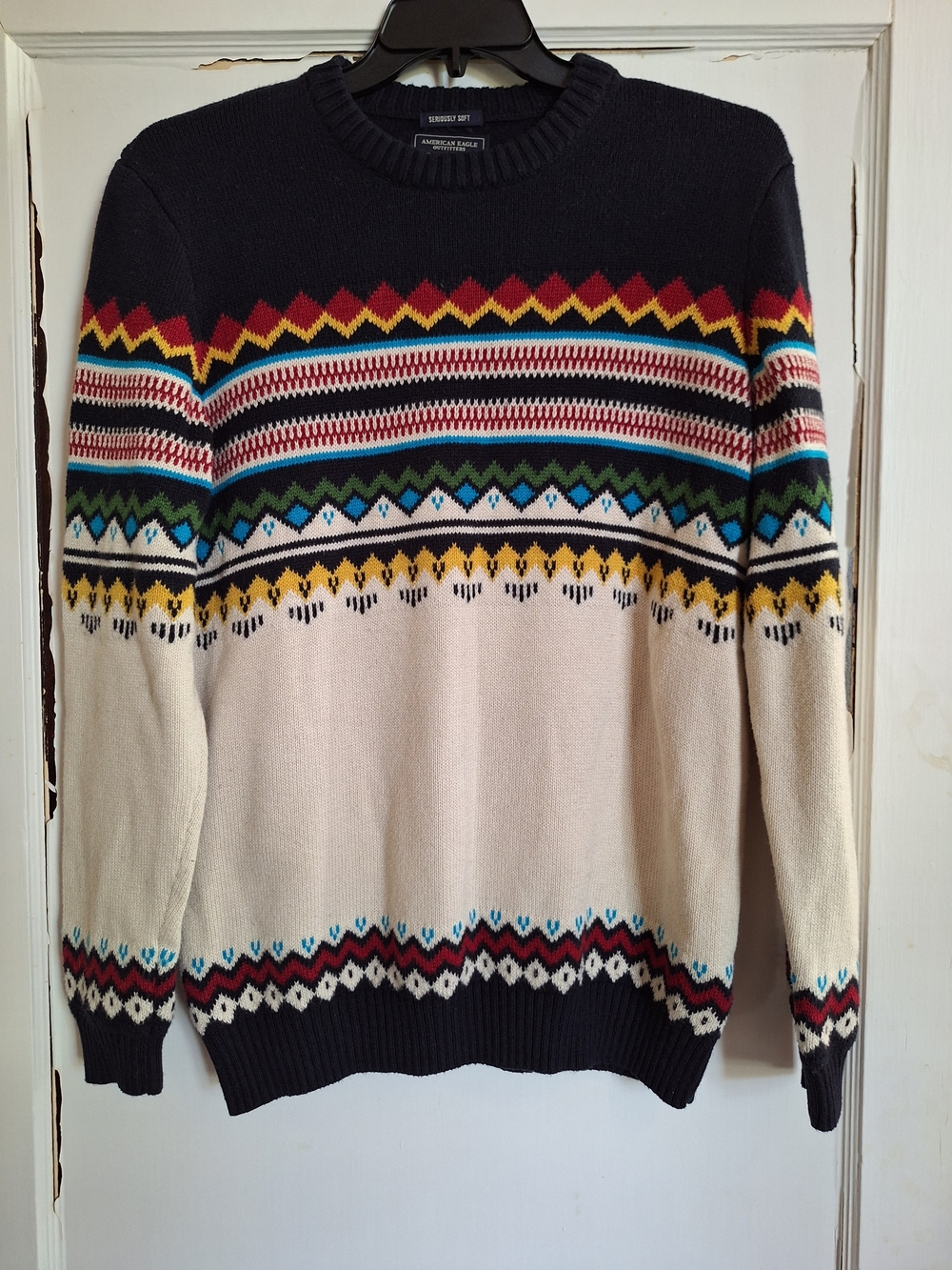 American Eagle Outfitters Cream & Navy Fair Isle Crewneck Sweater